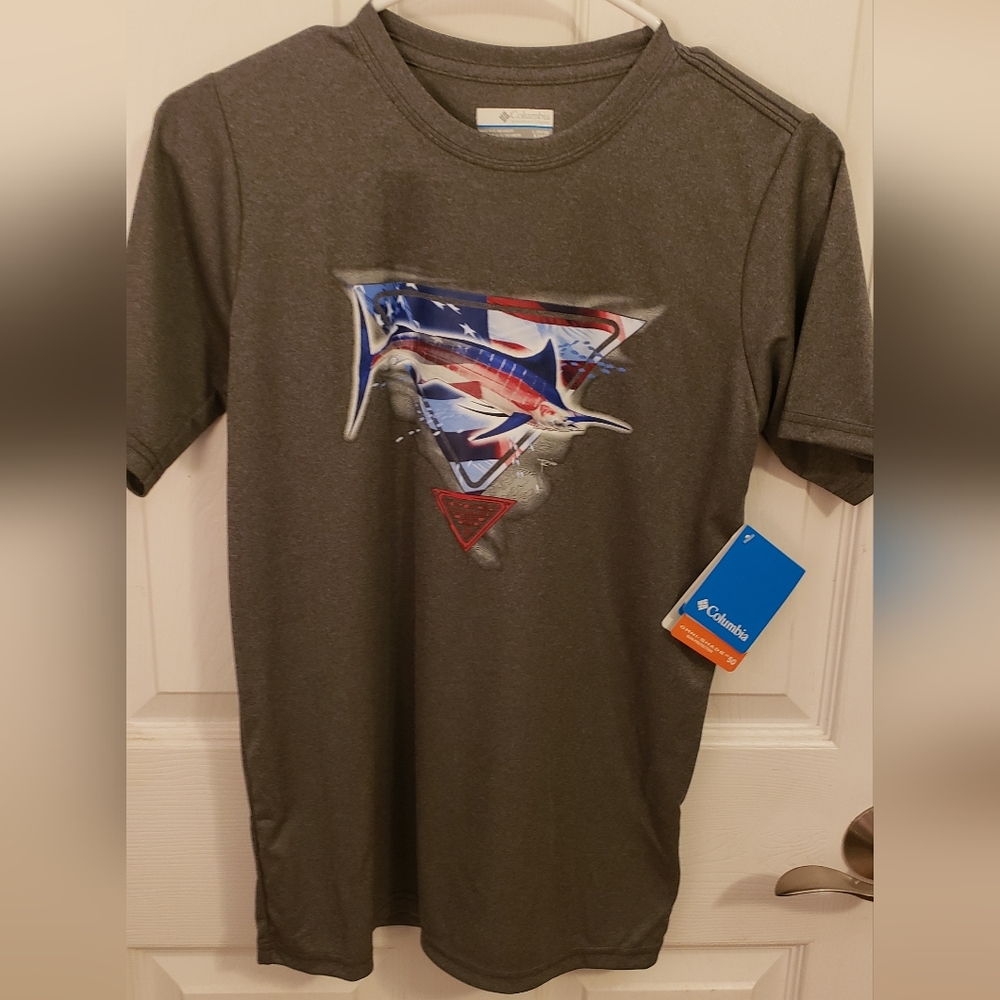 Columbia PFG Short Sleeve Gray Fishing Shirt, Youth L, NWT, Dri-Fit material